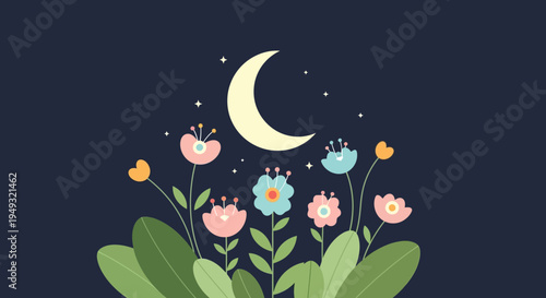 Moonlit Flowers Under Starry Night Sky