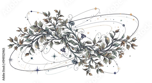 Whimsical floral design with stars and swirls on white background