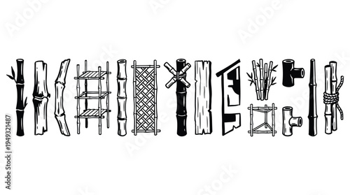 A set of black and white bamboo construction elements, including stalks, scaffolding, and pipe fittings, is illustrated in a woodcut style against a plain background.