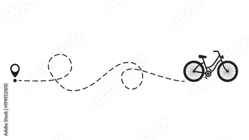Bicycle with dashed path and location pin icon indicating a journey, representing travel and navigation.