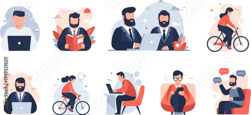 Diverse individuals engage in various activities including work, reading, cycling, and communication