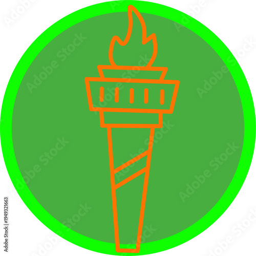 Torch flame line icon inside green circle. Minimal vector symbol representing Olympic torch, victory, celebration, leadership, sports achievement, and inspiration.