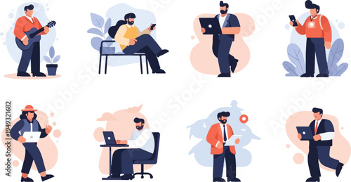 Diverse individuals engage in various activities like playing guitar, using phones, and laptops