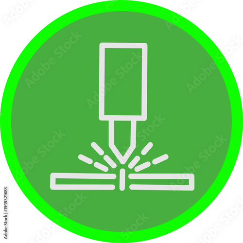 Laser cutting line icon inside green circle. Minimal vector symbol representing laser engraving, CNC cutting, industrial manufacturing, and precision technology.