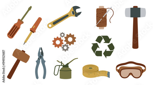 A set of twelve illustrated workshop tools and craft items is displayed in a rustic style against a plain white background.