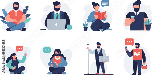 Diverse individuals engage in various activities like reading, working, and communication