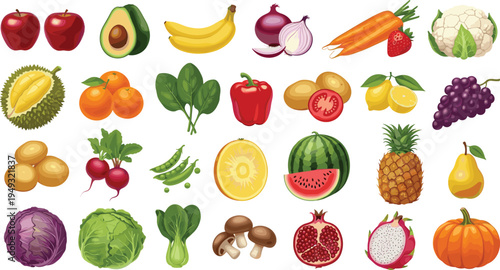 Fruits and vegetables collection including apple avocado banana carrot grapes cabbage pineapple and pumpkin vector illustration set