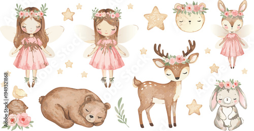 Whimsical forest creatures and fairies in a magical setting with animals and stars