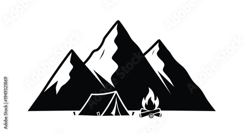 Mountain camping scene with a tent and campfire black silhouette