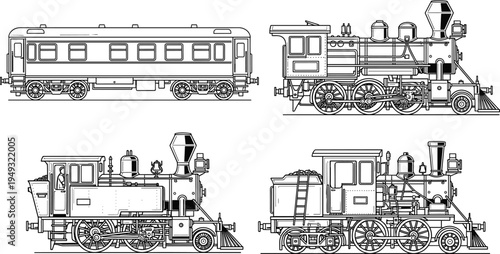 Vintage steam locomotive and railway carriage vector illustration set, classic retro train transportation collection with detailed rail engine designs