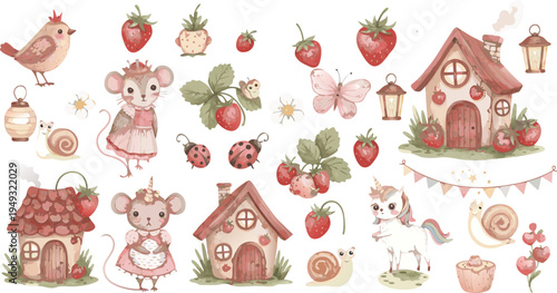 Whimsical illustration of strawberry themed fairy tale characters and houses