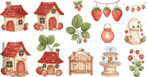 Whimsical illustration of strawberry themed houses and garden elements