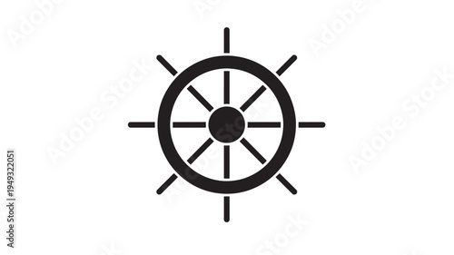 Ship steering wheel icon with a black and white graphic representation of a nautical helm. featuring boat, marine, sea with ocean and navigation