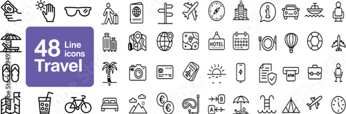 Travel and Tourism Web Icon Set in Line Style, Vector Illustration Featuring Airport, Tickets, Tour, Hotel, Relaxation, Recreational Rest and Service Icons for Web and Mobile App Design