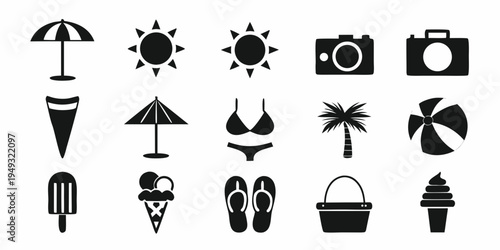 Black silhouette icons depicting summer vacation and beach related items