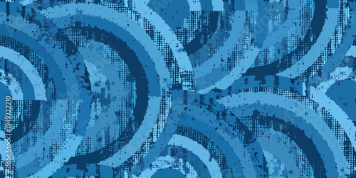 Abstract blue pattern featuring overlapping circular and rectangular shapes
