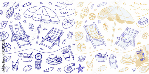A hand drawn collection of beach elements including chairs umbrellas and treats