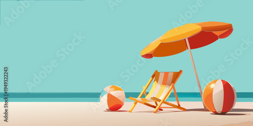 A colorful beach scene featuring a striped chair umbrella and beach balls