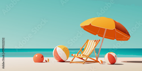 A vibrant beach scene featuring a beach chair and colorful accessories