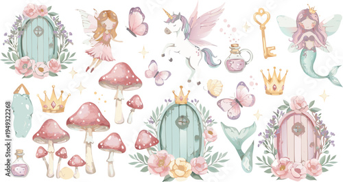 Whimsical fantasy illustration of fairy tale elements and mushrooms in soft pastel colors