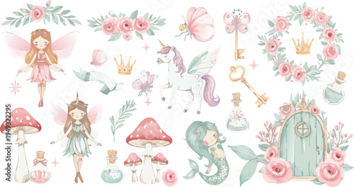 Whimsical illustration of fairy tale elements with flowers mushrooms and animals