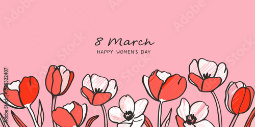 International women s day greeting with red and white tulip flowers