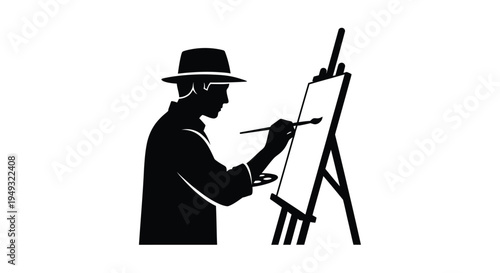 Artist painting at an easel a striking black silhouette