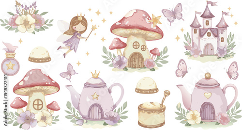 Whimsical illustration of fairy tale mushrooms and teapots in a fantasy garden scene