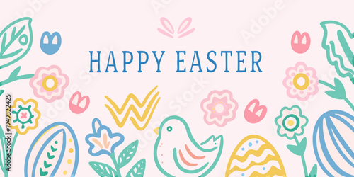 Colorful happy easter illustration with eggs flowers and a cute bird