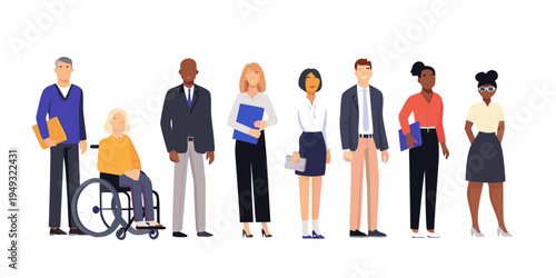Diverse group of professionals standing together in a flat illustration style