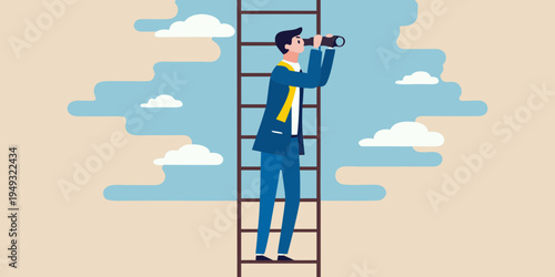 Man standing on a ladder looks through binoculars at the sky