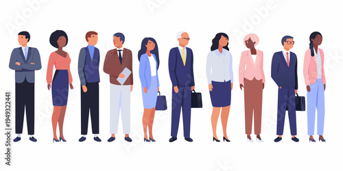 Diverse group of professionals standing in a line facing forward