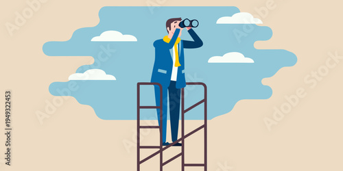A man stands on a ladder looking through binoculars at the distance