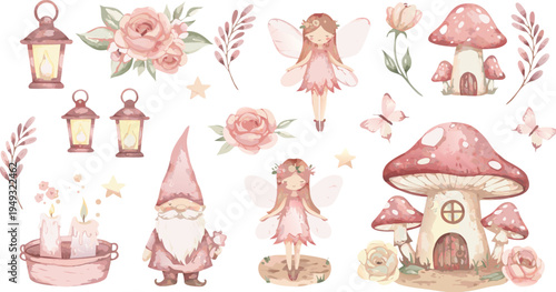 Whimsical illustration of gnomes and mushrooms in a garden with flowers and lanterns