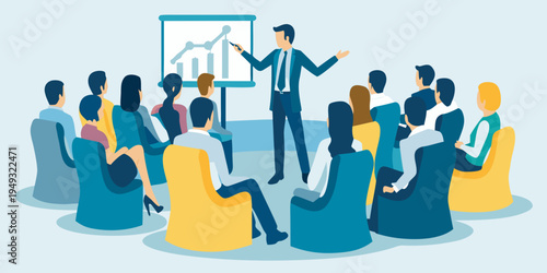 Business presentation in progress with a speaker and attentive audience