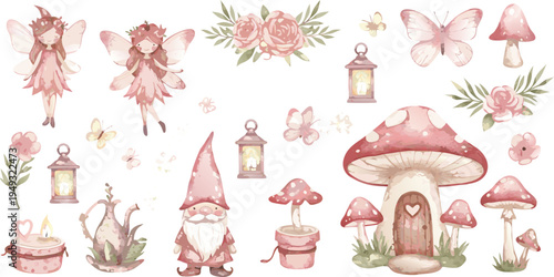 Whimsical illustration of gnomes flowers mushrooms and butterflies in soft pink hues