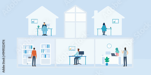 People working remotely from home in a modern illustrated style