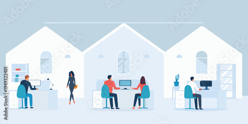 People working inside modern white buildings with minimalist designs