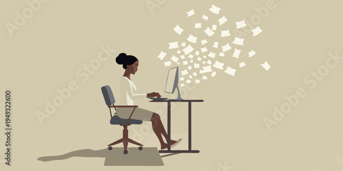 Woman working at a desk with papers flying from her computer