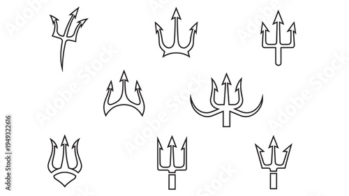 Trident icons collection with various creative line art designs, symbolizing power and mythology, isolated on white background.
