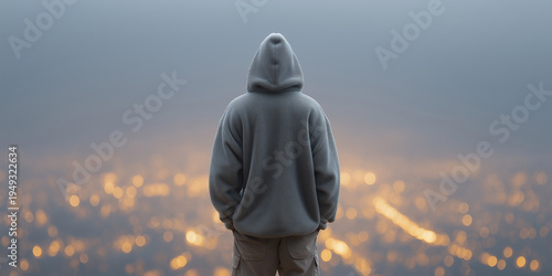 Solitary hooded man overlooking blurred city lights at dusk