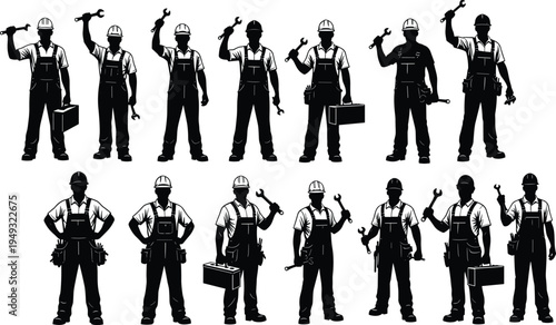 Construction worker silhouette collection with tools representing builder, mechanic and industrial labor poses isolated illustration set