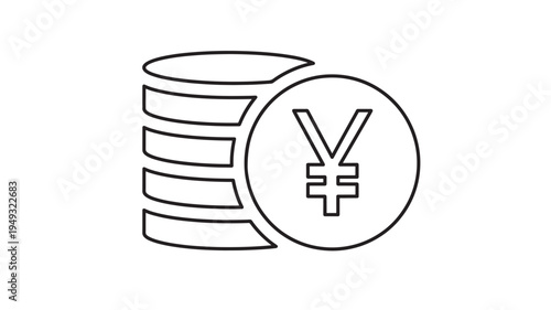 Stack of Japanese Yen coins represented by a clean black line art icon on a white background. featuring coin, currency, money with financial and