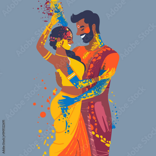 Colorful couple dancing joyfully during festive celebration with artistic background
