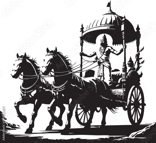 Ancient warrior rides chariot pulled by two horses on a scenic road with a decorative canopy overhead