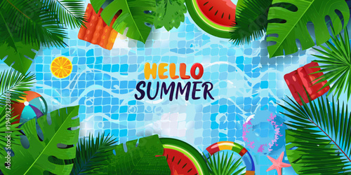 A vibrant summer scene with tropical fruits and a poolside message
