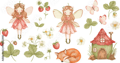 Whimsical illustration of fairies strawberries and a cottage with a sleeping cat