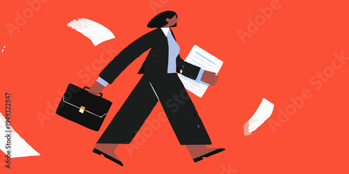 A businesswoman walks with a briefcase as papers fly around her