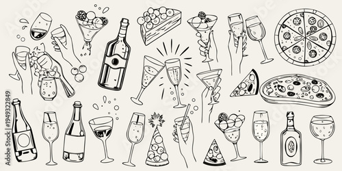 Celebratory doodles of champagne cocktails pizza and party accessories