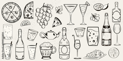 A collection of hand drawn sketches featuring wine cocktails and fruit